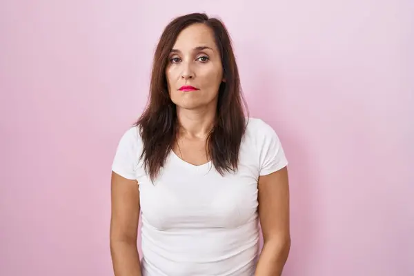 Middle Age Brunette Woman Standing Pink Background Looking Sleepy Tired — Stock Photo, Image