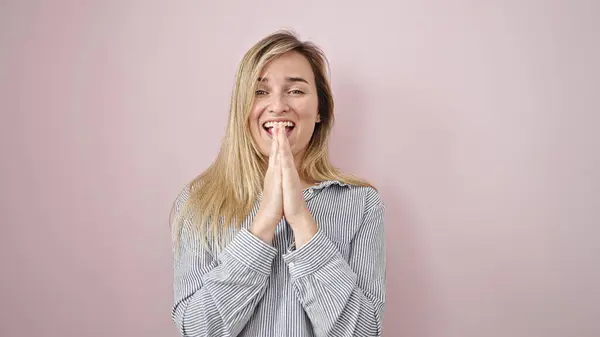 Young Blonde Woman Standing Surprise Expression Isolated Pink Background — Stockfoto