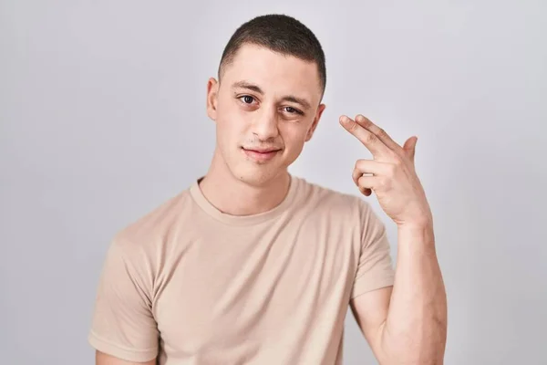 Young Man Standing Isolated Background Shooting Killing Oneself Pointing Hand — Stock Photo, Image