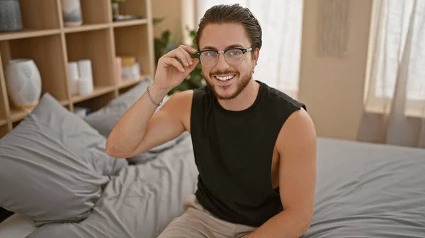 Young Hispanic Man Smiling Confident Sitting Bed Bedroom — Photo