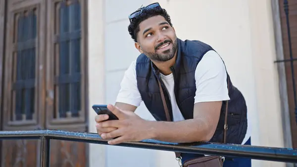 African American Man Smiling Confident Using Smartphone Street — Stock Photo, Image