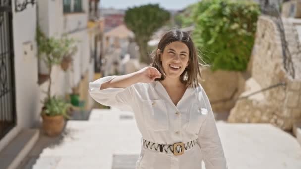 Young Beautiful Hispanic Woman Standing Smiling Showing Place Typical Spanish — Stock Video