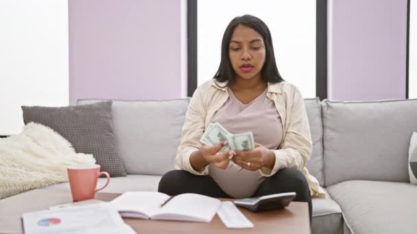 Stres Mladá Těhotná Žena Počítání Dolarů Pohovce Doma Potýkat Finanční — Stock video