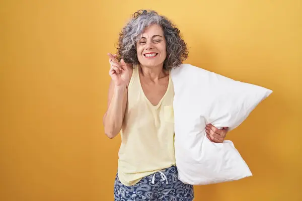 Middle Age Woman Grey Hair Wearing Pijama Hugging Pillow Gesturing — Stock Photo, Image