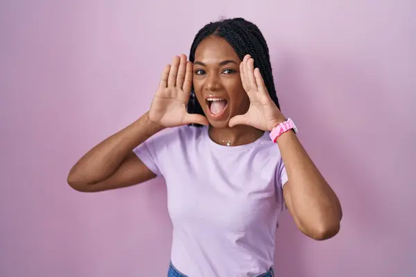 African American Woman Braids Standing Pink Background Smiling Cheerful Playing — 스톡 사진
