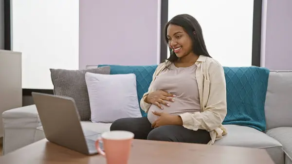 Expecting Young Woman Relaxing Massaging Belly While Joyfully Smiling Video — Stock Photo, Image