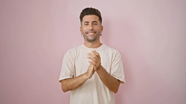 Young Hispanic Man Smiling Confident Clapping Isolated Pink Background — Stock Photo, Image