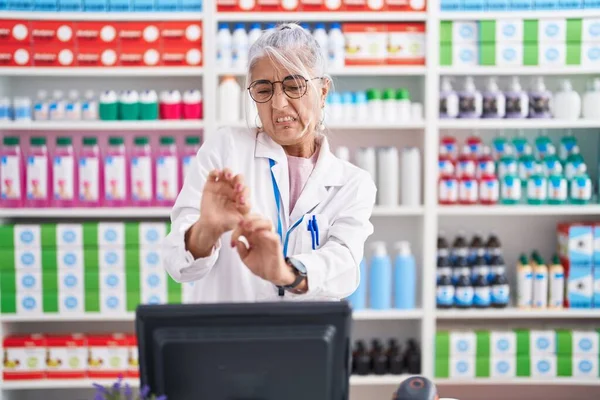 Middle Age Woman Tattoos Working Pharmacy Drugstore Disgusted Expression Displeased — Stock Photo, Image