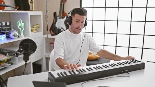 胡思乱想的年轻人的肖像 头戴耳机 在音乐工作室里弹钢琴 一位迷人的音乐家在创作旋律 — 图库视频影像