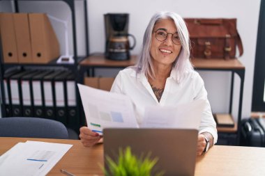 Ofiste dizüstü bilgisayar okuyarak orta yaşlı, kır saçlı iş kadını.