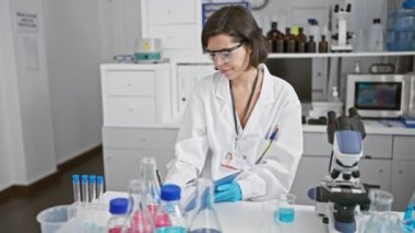 Genç ve güzel İspanyol bilim kadını gülümseyerek laboratuvarda notlar alıyor.