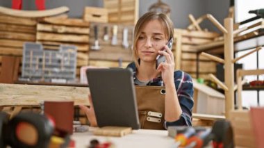 Büyüleyici genç sarışın marangoz dokunmatik dokunmatik ve akıllı telefon arasında birden fazla iş yapıyor ahşap dolu marangozluk atölyesi arasında