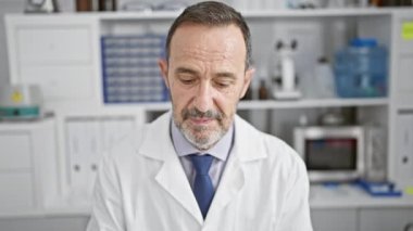 Kendinden emin orta yaşlı bir adam, gri saçlı, güvenlik gözlüğü takan mutlu bir bilim adamı, araştırma ve bilim okumuş, tıp laboratuarındaki işini seviyor, gülümseme takınıyor..