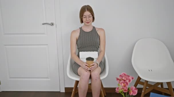 Jovem Loira Sentada Cadeira Usando Smartphone Bebendo Café Sala Espera — Vídeo de Stock