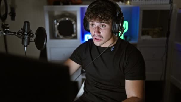 年轻人在游戏室玩电脑游戏庆祝他的恐慌 — 图库视频影像