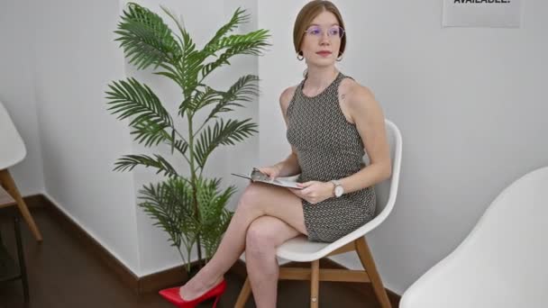 Mujer Rubia Joven Sentada Silla Mirando Reloj Con Expresión Nerviosa — Vídeo de stock