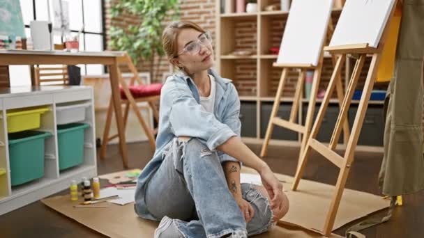 Giovane Artista Donna Sorridente Fiducioso Seduto Sul Pavimento Studio Arte — Video Stock