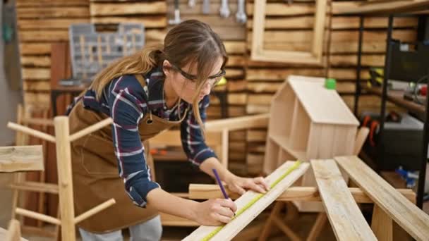 迷人的年轻金发女木匠戴着眼镜和围裙 认真地测量和标记着她室内木工车间的木板 — 图库视频影像