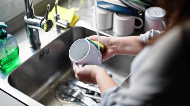 Jovem Bela Mulher Hispânica Lavar Pratos Cozinha — Vídeo de Stock