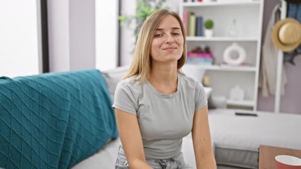 Joyeux Jeune Femme Blonde Assis Confortablement Sur Canapé Clignote Avec — Video
