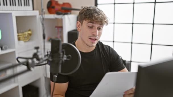 Jovem Hispânico Sorridente Jornalista Atraente Apresentando Animado Programa Rádio Lendo — Vídeo de Stock