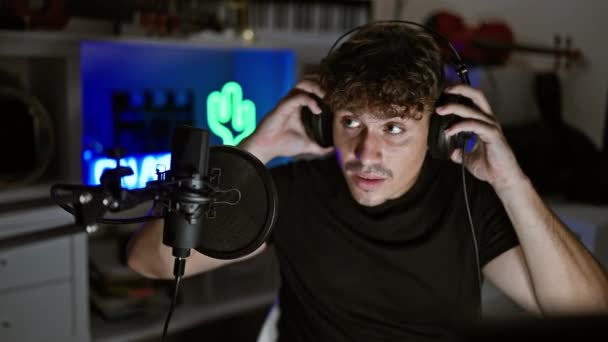 Jovem Homem Hispânico Streamer Usando Fones Ouvido Fazendo Stream Falando — Vídeo de Stock