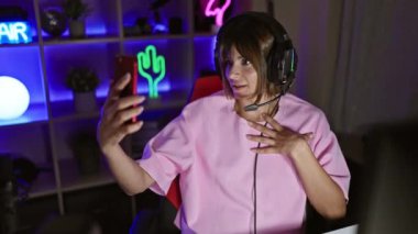 Young beautiful hispanic woman streamer smiling confident having video call at gaming room