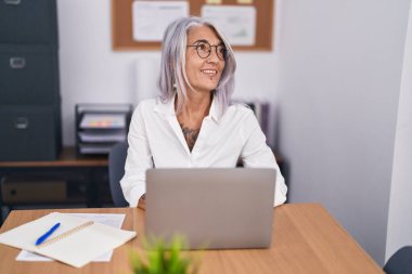 Middle age grey-haired woman business worker using laptop working at office