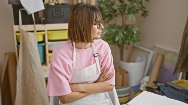 İlgi çekici enstantane, kollarını kavuşturmuş güzel İspanyol kadın sanatçı, stüdyosunun kalbinde ciddi bir yaratıcılığı somutlaştırıyor.