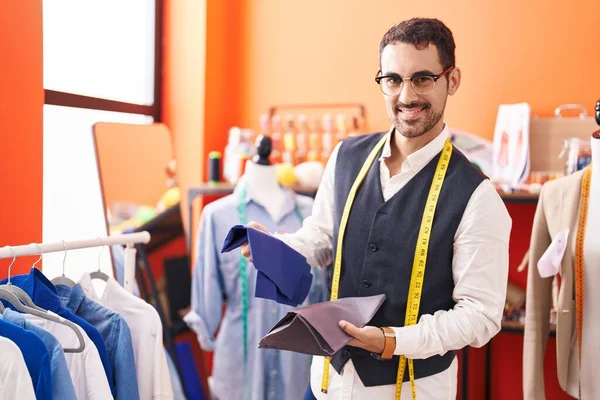 Young Hispanic Man Tailor Smiling Confident Holding Cloths Atelier — Photo