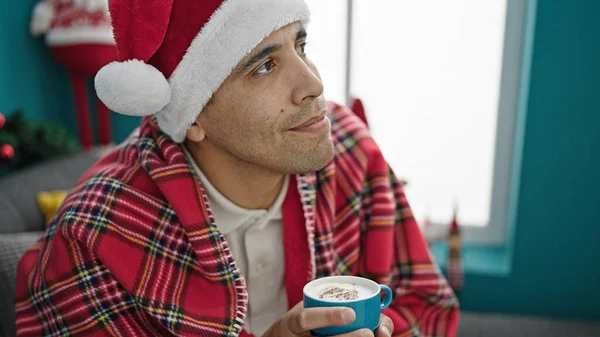 Young Hispanic Man Drinking Coffee Celebrating Christmas Home — Stock Photo, Image