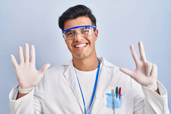 Hispanic Man Working Scientist Showing Pointing Fingers Number Eight While — Stock Photo, Image