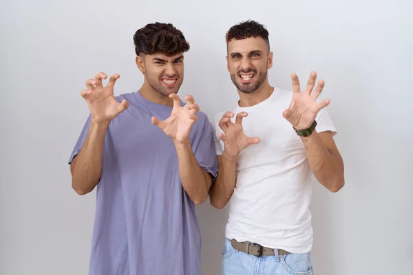 Homosexual Gay Couple Standing White Background Smiling Funny Doing Claw — Stock Photo, Image