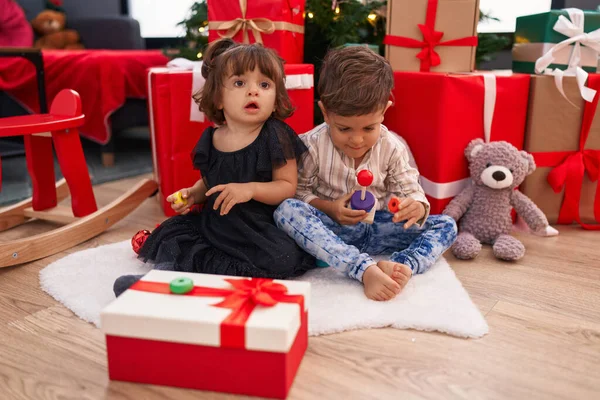 Brother Sister Playing Toys Sitting Floor Christmas Gifts Home — Stock Photo, Image