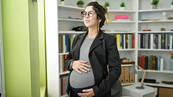Young Pregnant Woman Teacher Smiling Confident Touching Belly Library University — Stock Photo, Image