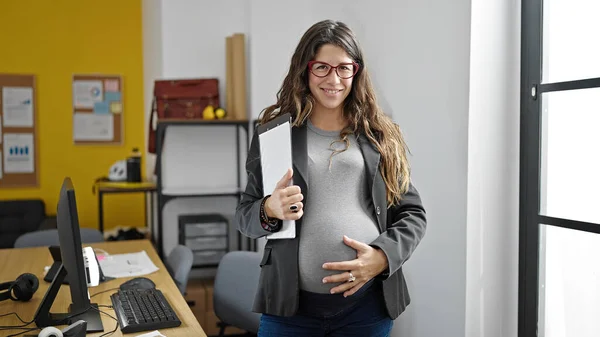 Young Pregnant Woman Business Worker Touching Belly Holding Documents Office — Stock Photo, Image