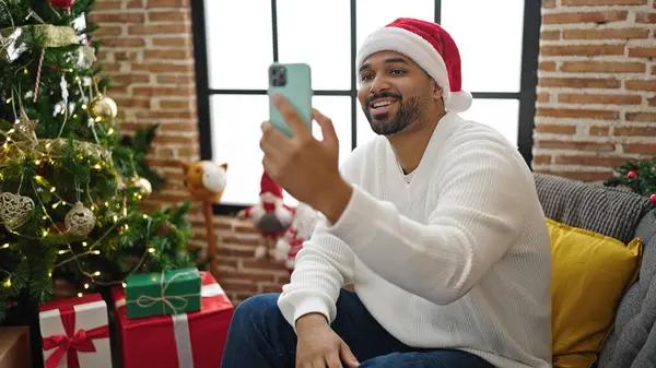African American Man Celebrating Christmas Having Video Call Home — Stock Photo, Image