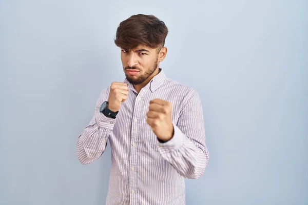 Arab Man Beard Standing Blue Background Ready Fight Fist Defense — Stock Photo, Image