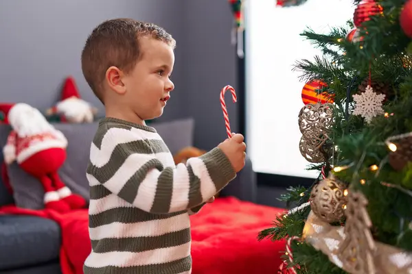 Adorable Garçon Caucasien Tenant Bonbons Décoration Arbre Noël Maison — Photo