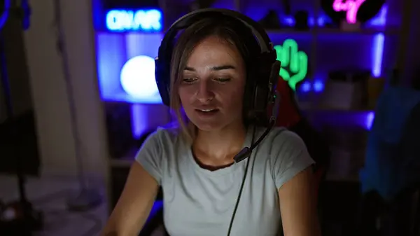 Smiling young blonde streamer woman, at her gaming room joyfully playing video game, live-streaming her awesome virtual adventure. gaming, technology, and irresistible charm glow in the dark!
