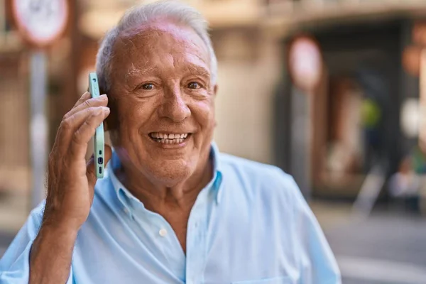 Senior Grey Haired Man Smiling Confident Talking Smartphone Street — ストック写真