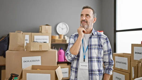 Serious Middle Age Man Grey Hair Beard Thoughtful Volunteer Charity — Stock Photo, Image