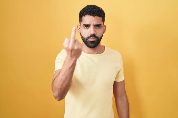 Hispanic Man Beard Standing Yellow Background Showing Middle Finger Impolite — Photo
