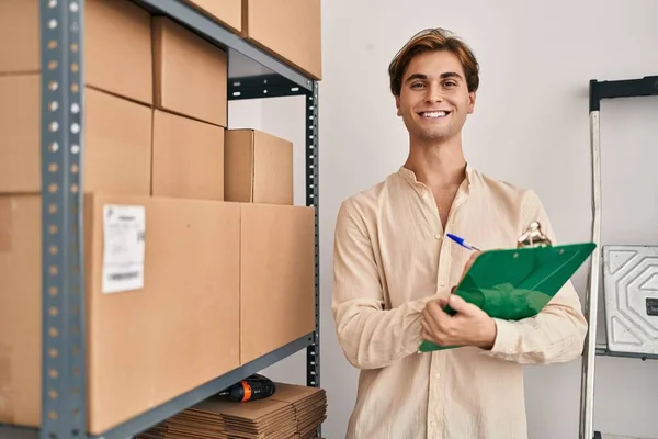 Young Caucasian Man Ecommerce Business Worker Writing Document Standing Office — Stockfoto