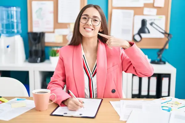 Young Hispanic Woman Working Office Wearing Glasses Smiling Cheerful Showing — Stockfoto