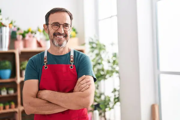 Middle Age Man Florist Smiling Confident Standing Arms Crossed Gesture — Fotografia de Stock
