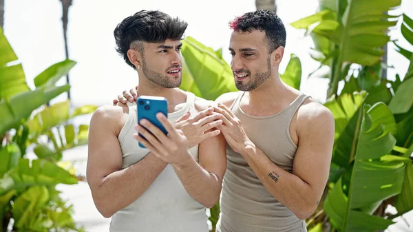 Two Men Couple Smiling Confident Using Smartphone Park — Stock Photo, Image