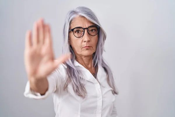 Middle Age Woman Tattoos Wearing Glasses Standing White Background Doing — Stock Photo, Image