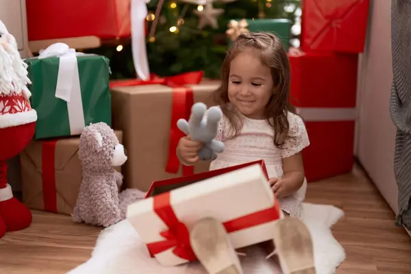 Adorable Hispanic Girl Holding Teddy Bear Sitting Floor Christmas Tree — Photo