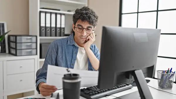 Young Hispanic Man Business Worker Using Laptop Reading Document Office — Stock Photo, Image